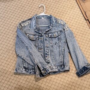 Stylish Blue Denim Jacket with Pearl Details